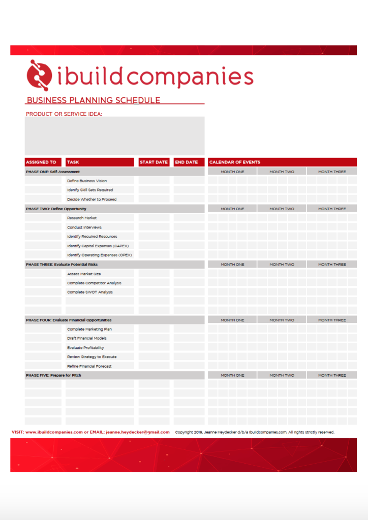 Business Planning Schedule Template - free download from ibuildcompanies.com by Jeanne Heydecker